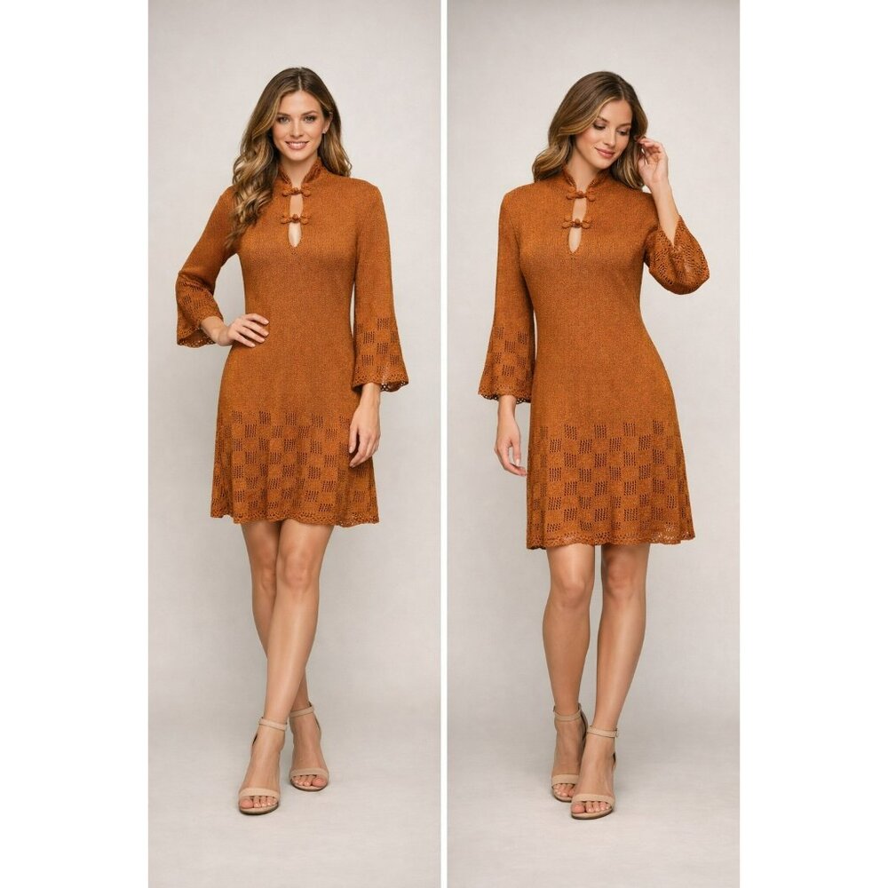 Vintage Gloria Knits California Rust Mandarin Collar Frog Closure Knit Dress M